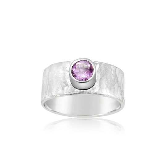 Brazilian Amethyst Hammered Wide Band Ring