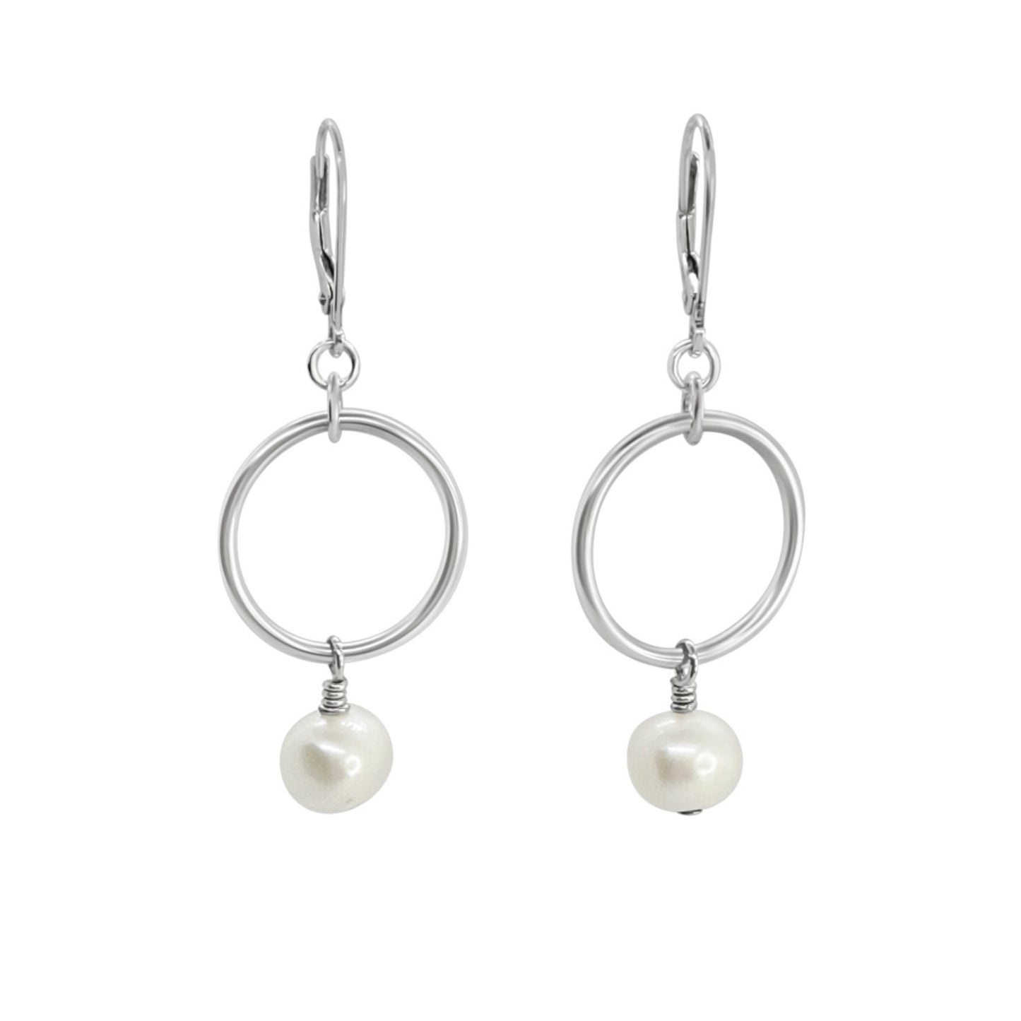 White Freshwater Pearl on Large Ring Leverback Earrings