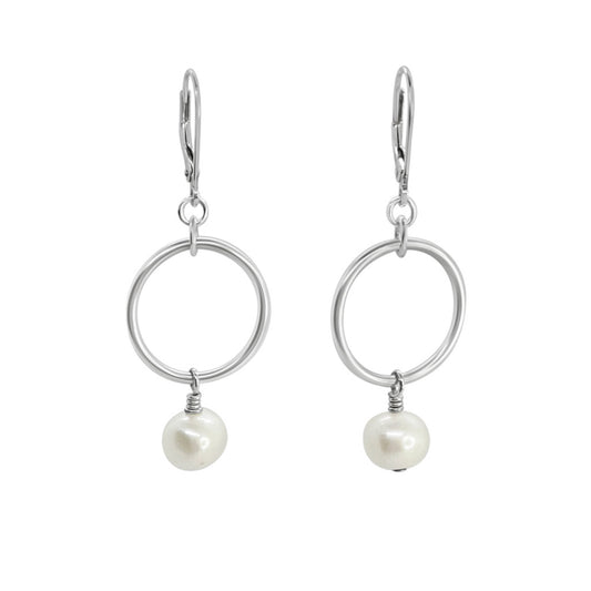 White Freshwater Pearl on Large Ring Leverback Earrings