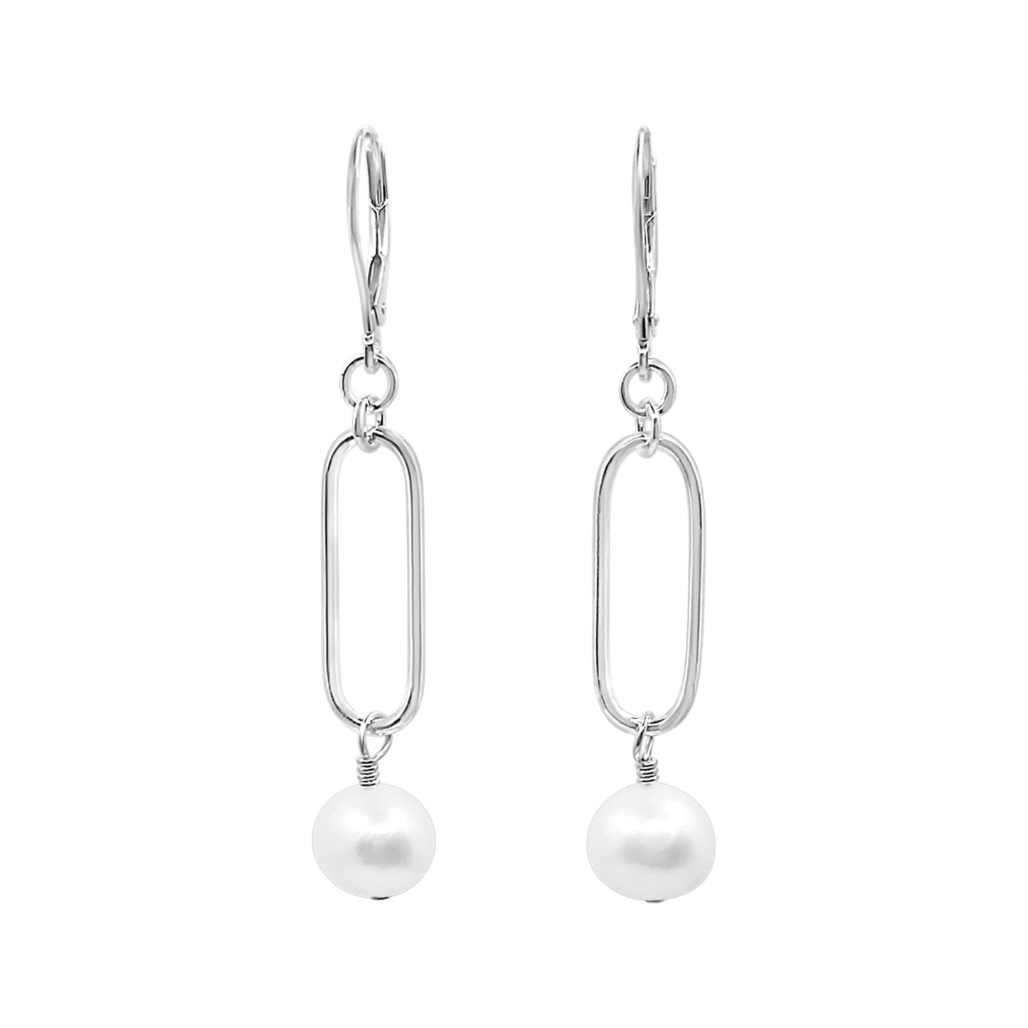 White Freshwater Pearl Long Oval Link Leverback Earrings