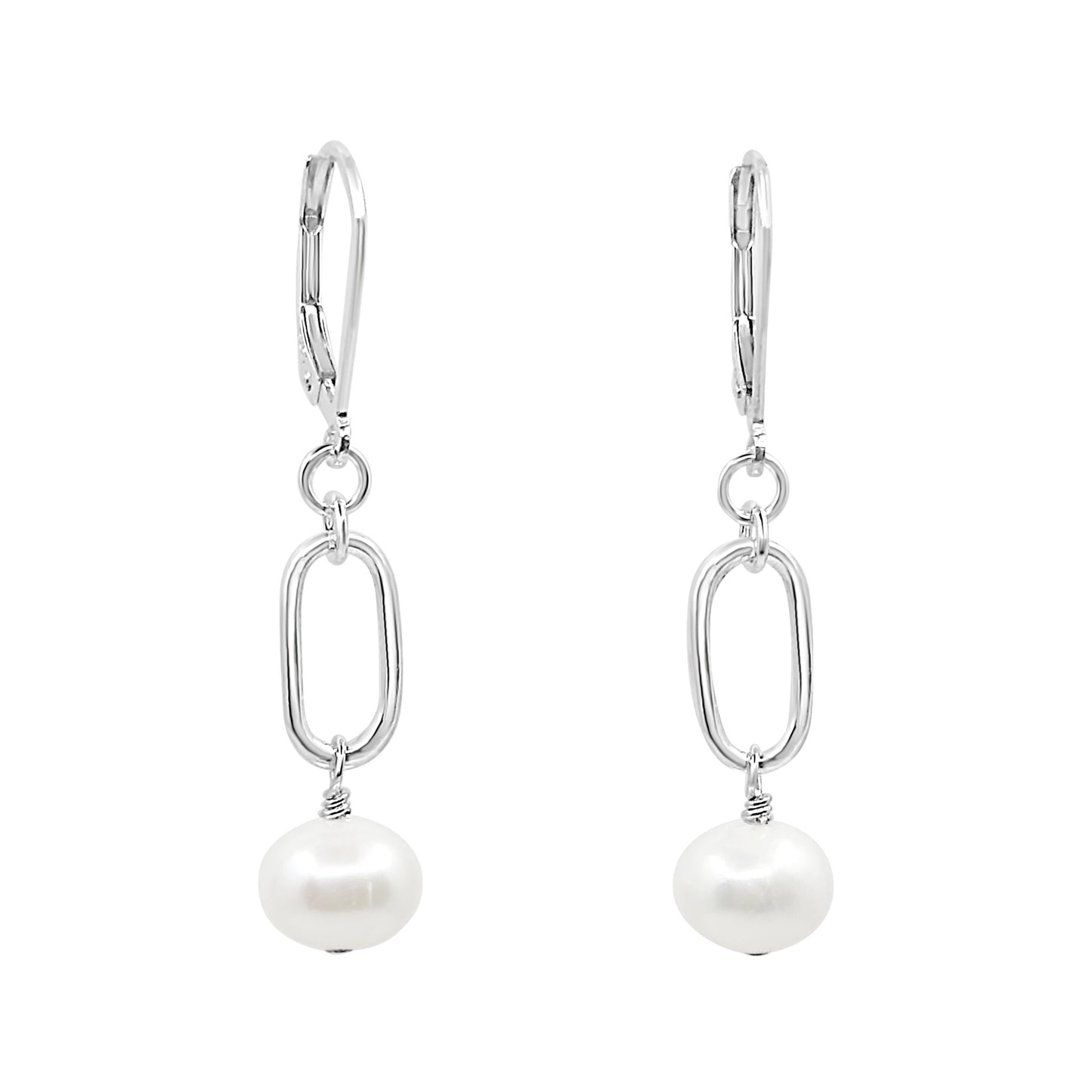 White Freshwater Pearl Short Oval Link Leverback Earrings - measure length