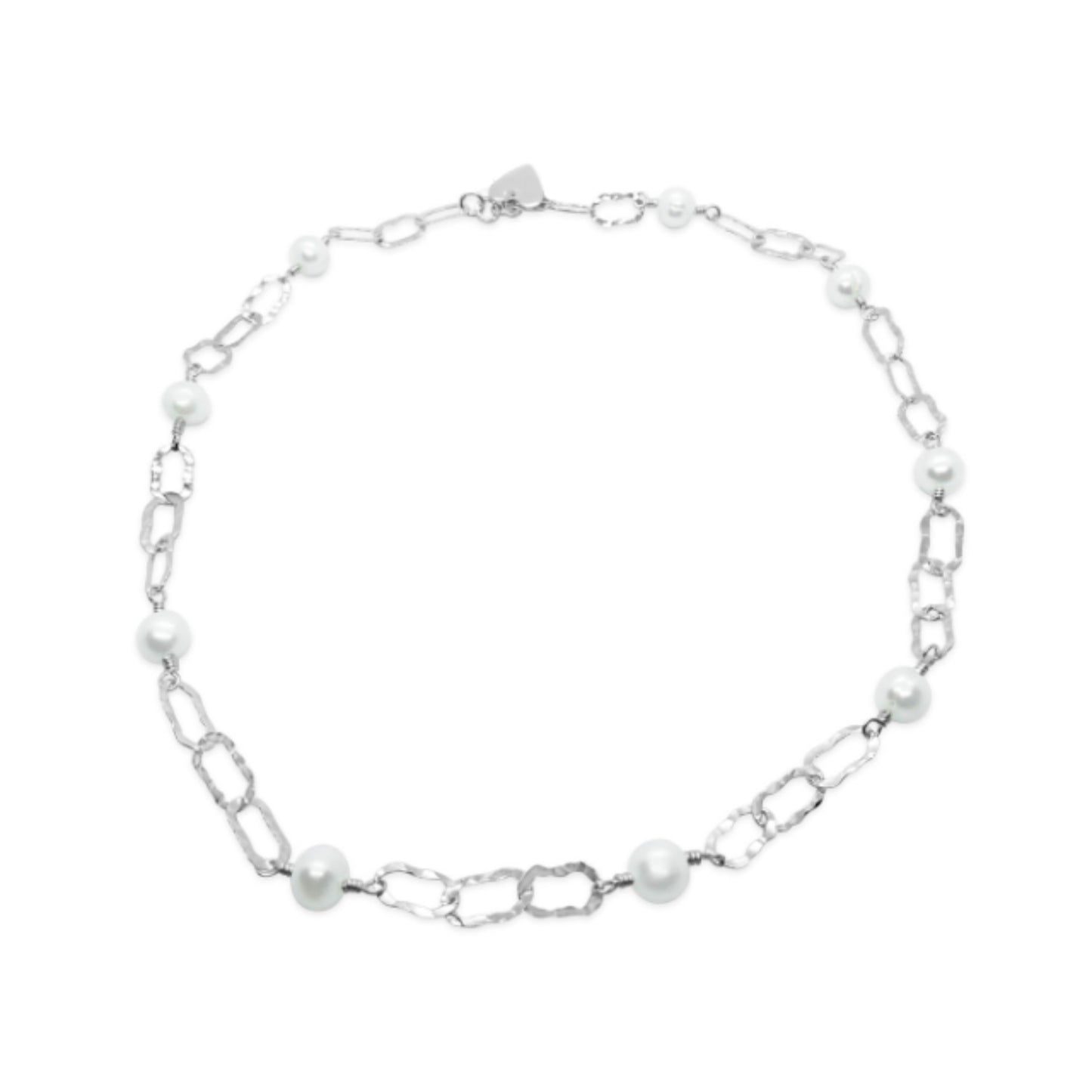 White Freshwater Pearls with Hammered Sterling Silver Square Links Necklace