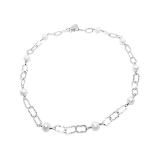 White Freshwater Pearls with Hammered Sterling Silver Square Links Necklace