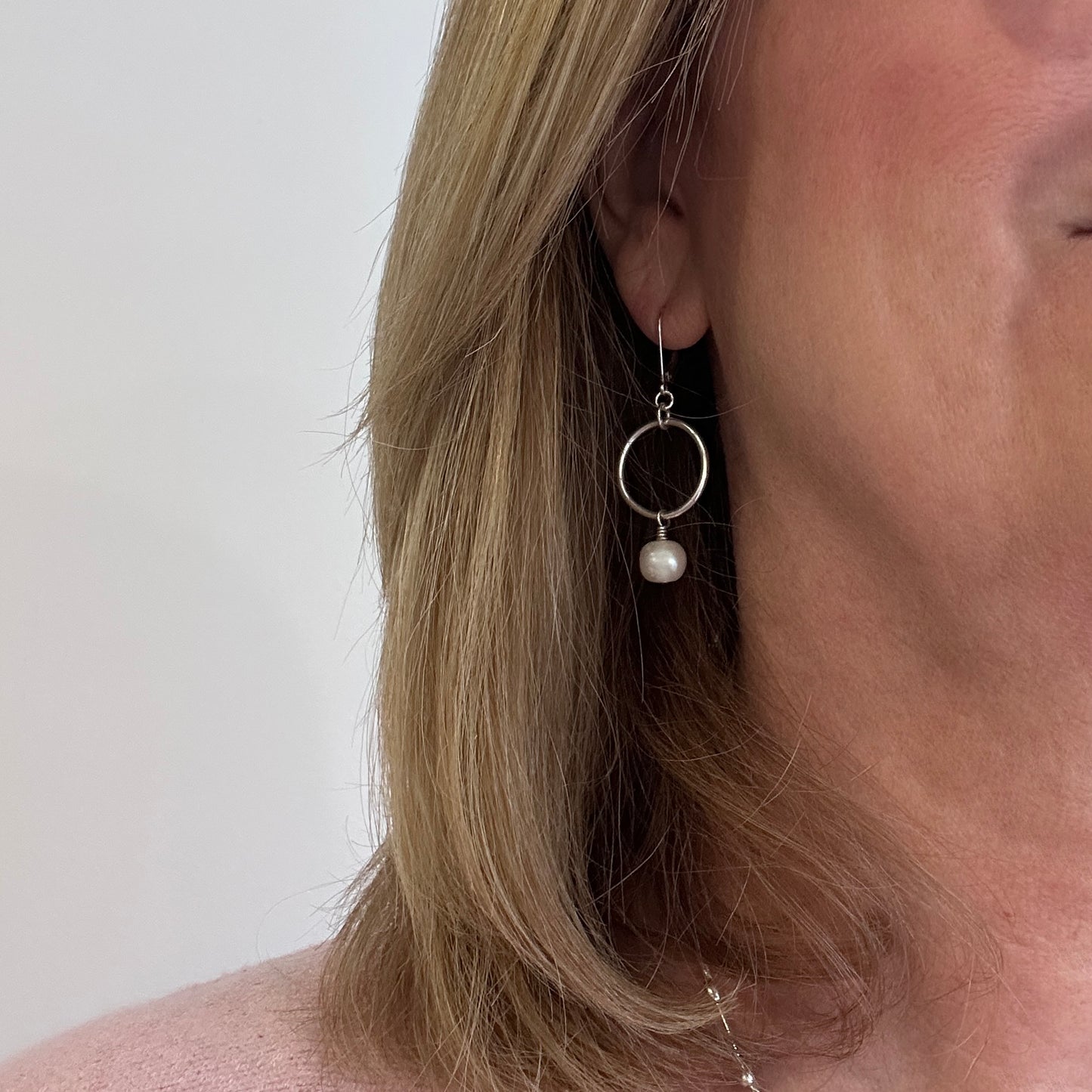 White Freshwater Pearl on Large Ring Leverback Earrings